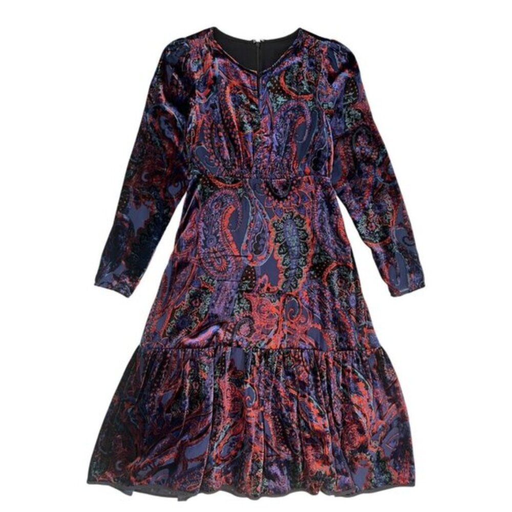 Anthropologie Burnout Velvet Paisley Midi Dress Navy Size 6‎ Whimsygoth Witchy